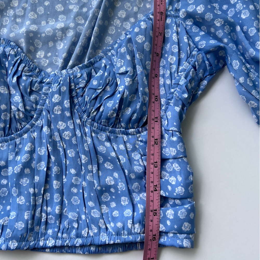Blue Floral Peplum Blouse with Sweetheart Neckline Small Size Aka Corset Draped - Picture 10 of 13